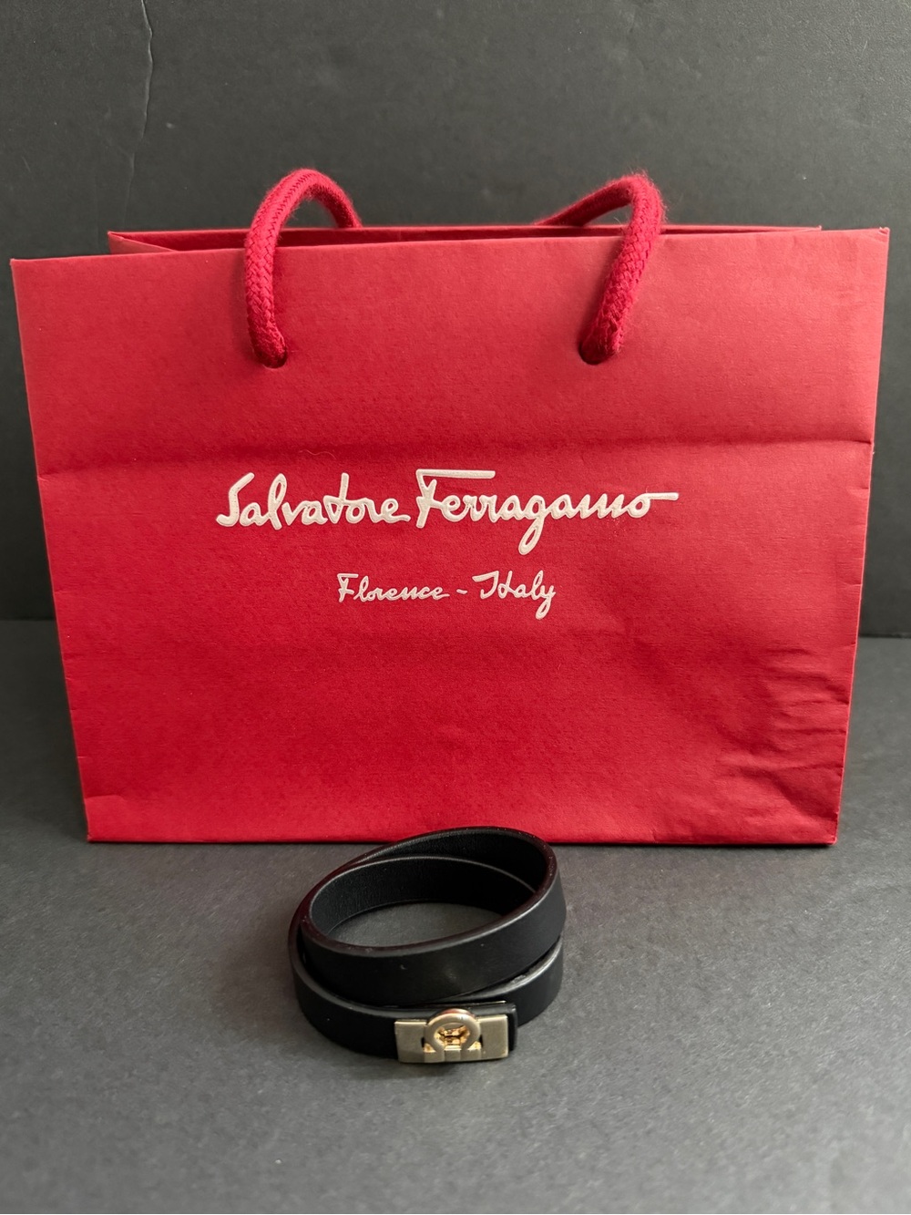 Salvatore Ferragamo Black Leather Double Wrap Bracelet with Gold Logo Clasp - Picture 2 of 7